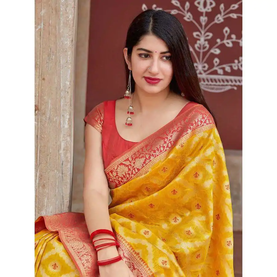 Pretty Yellow Color Soft Lichi Silk Jacquard Work On All Over Saree - Image 4