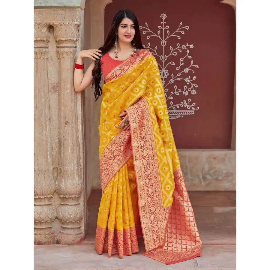 Pretty Yellow Color Soft Lichi Silk Jacquard Work On All Over Saree - Image 5