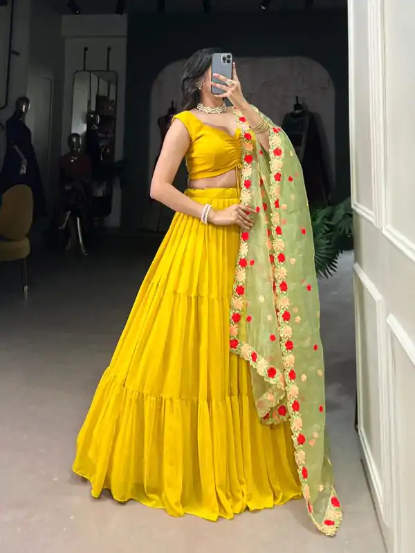 Resplendent Yellow Color Georgette Plain Lehenga Choli
