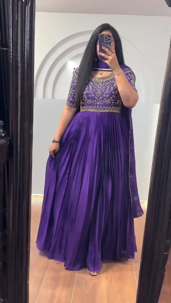Stunning Purple Color Chinon Silk Thread With Real Mirror Gown