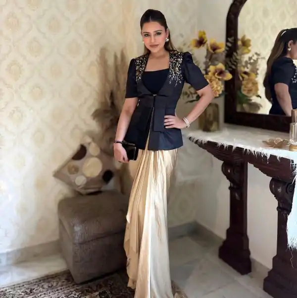Stylist Black & Cream Color French Crape With Sequence Embroidery Dhoti Suit