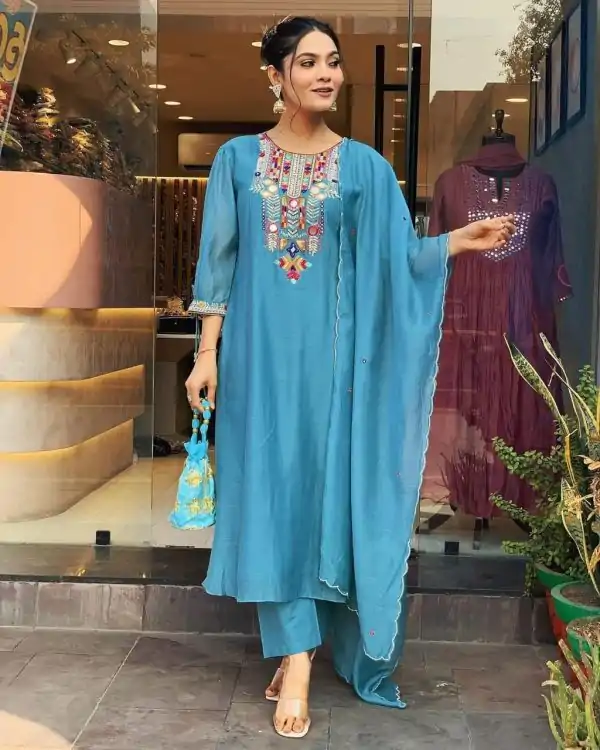 Stylist Blue Color Chanderi Silk With Mirror Work Embroidery Salwar Suit