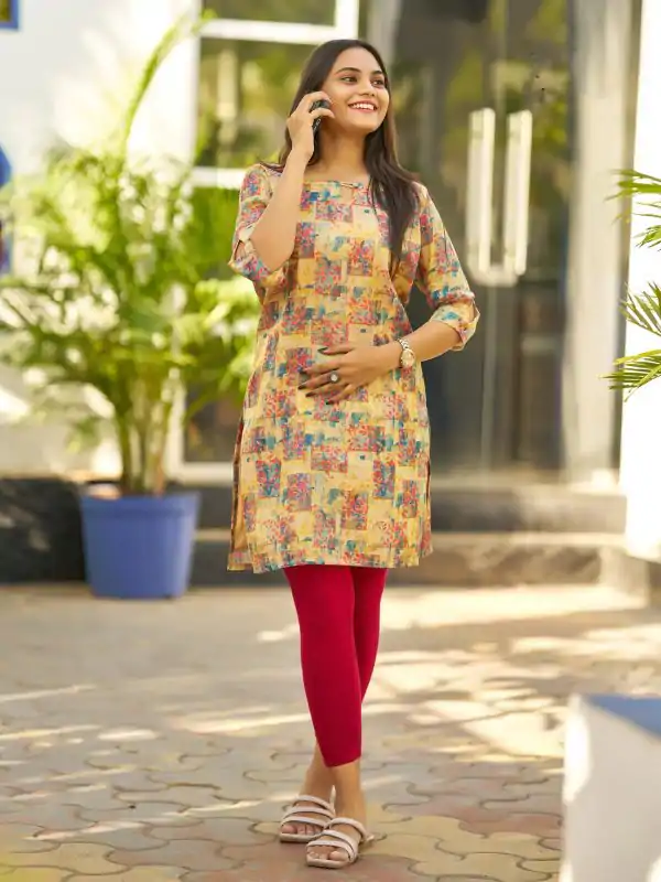 Superb Cream Color Simmer Silk Office Wear Printed Kurti