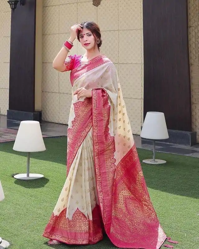 Superb Half White Color Soft Lichi Silk Jacquard Work On All Over Saree - Image 7