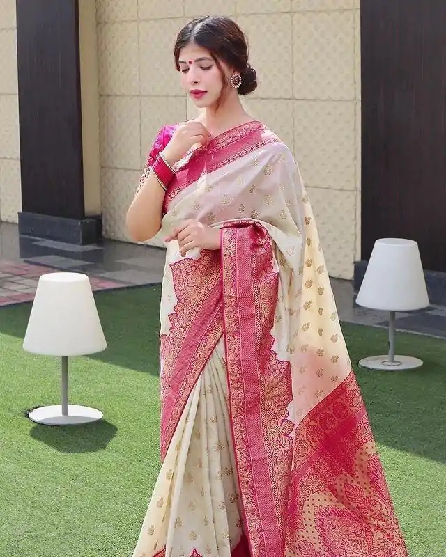 Superb Half White Color Soft Lichi Silk Jacquard Work On All Over Saree - Image 9