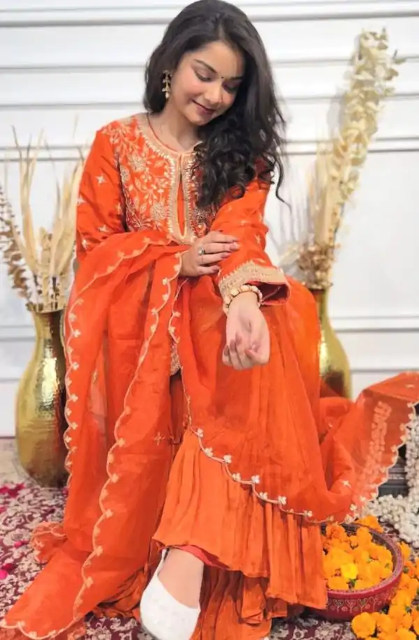 Superb Orange Color Chinon Silk Embroidery Work Salwar Suit