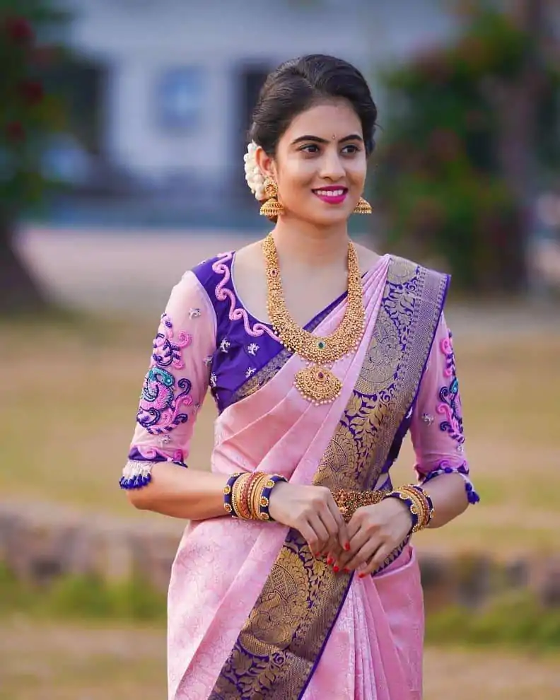 Superb Pink Color Soft Lichi Silk Jacquard Work On All Over Saree - Image 2