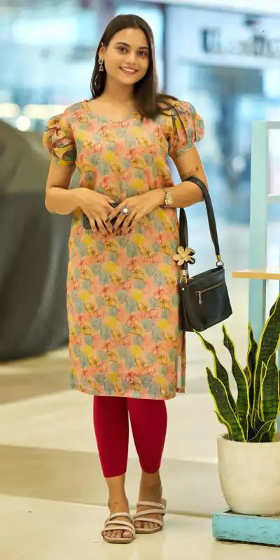 Superb Yellow Color Simmer Silk Office Wear Printed Kurti