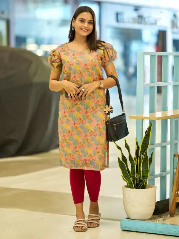 Superb Yellow Color Simmer Silk Office Wear Printed Kurti