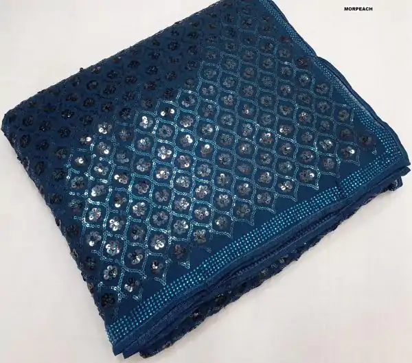 Glowing Dark Blue Color Georgette Dual Sequins 3MM & 5MM Embroidery Sequins Work Saree