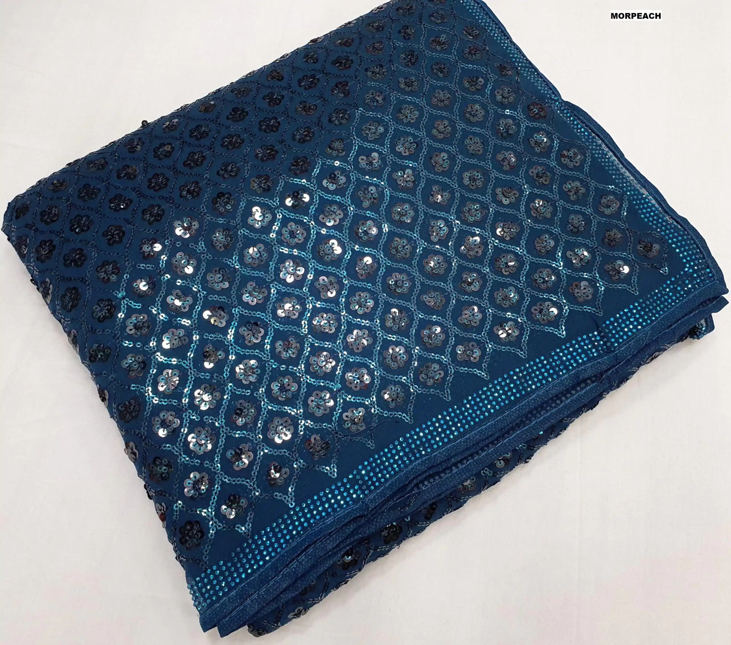 Glowing Dark Blue Color Georgette Dual Sequins 3MM & 5MM Embroidery Sequins Work Saree