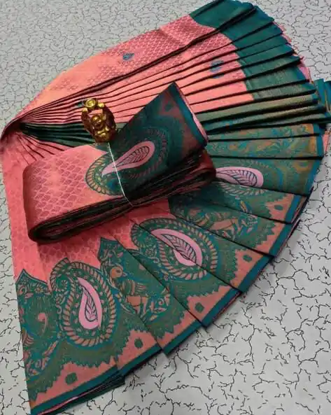 Wonderful Peach Color Soft Litchi Silk Contrast Border Weaving Design Saree