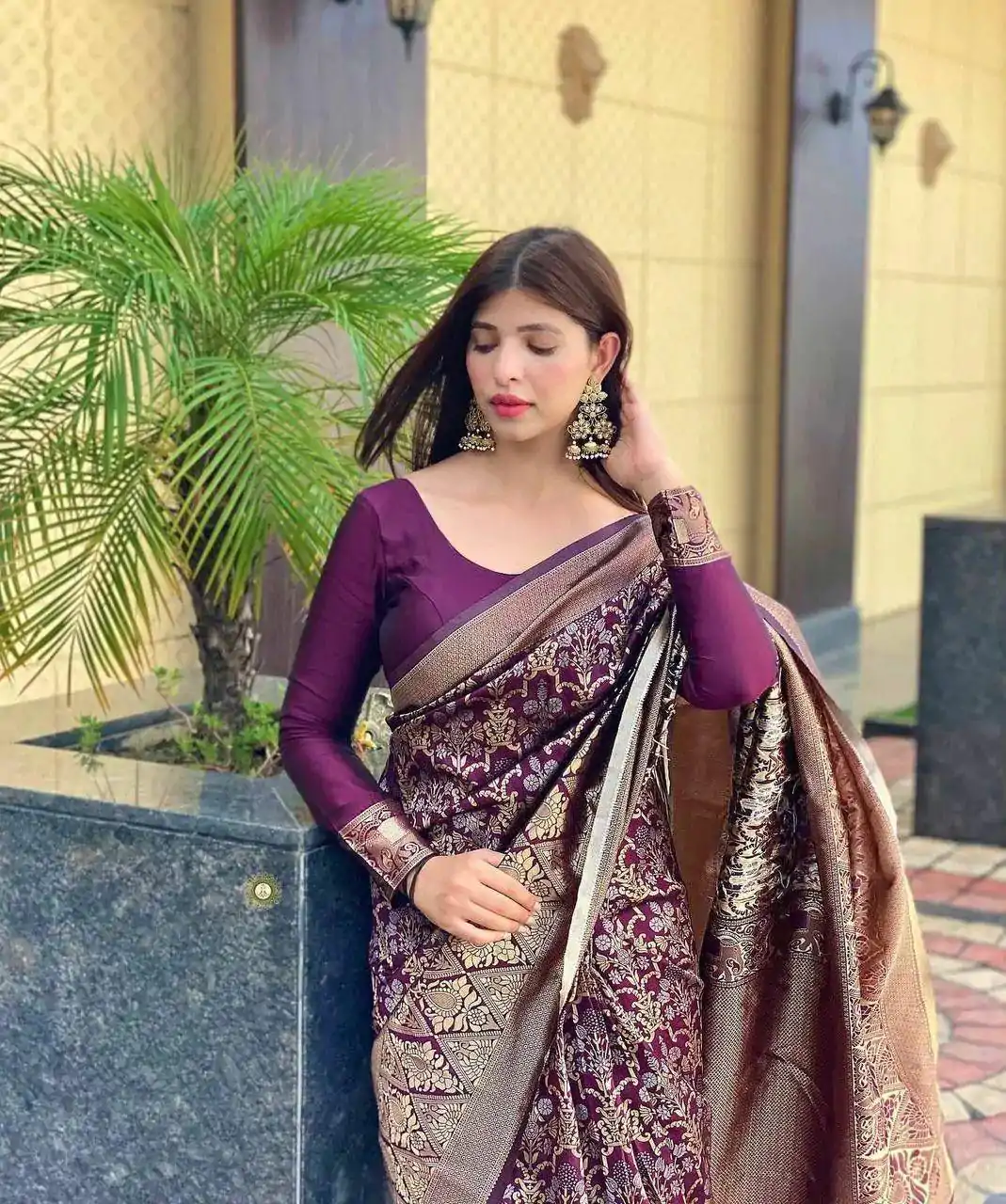 Wonderful Wine Color Soft Lichi Silk Jacquard Work On All Over Saree - Image 5
