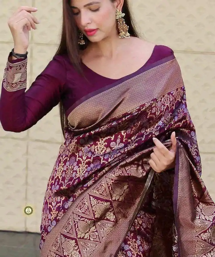 Wonderful Wine Color Soft Lichi Silk Jacquard Work On All Over Saree - Image 2