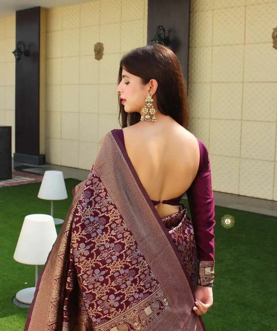 Wonderful Wine Color Soft Lichi Silk Jacquard Work On All Over Saree - Image 3
