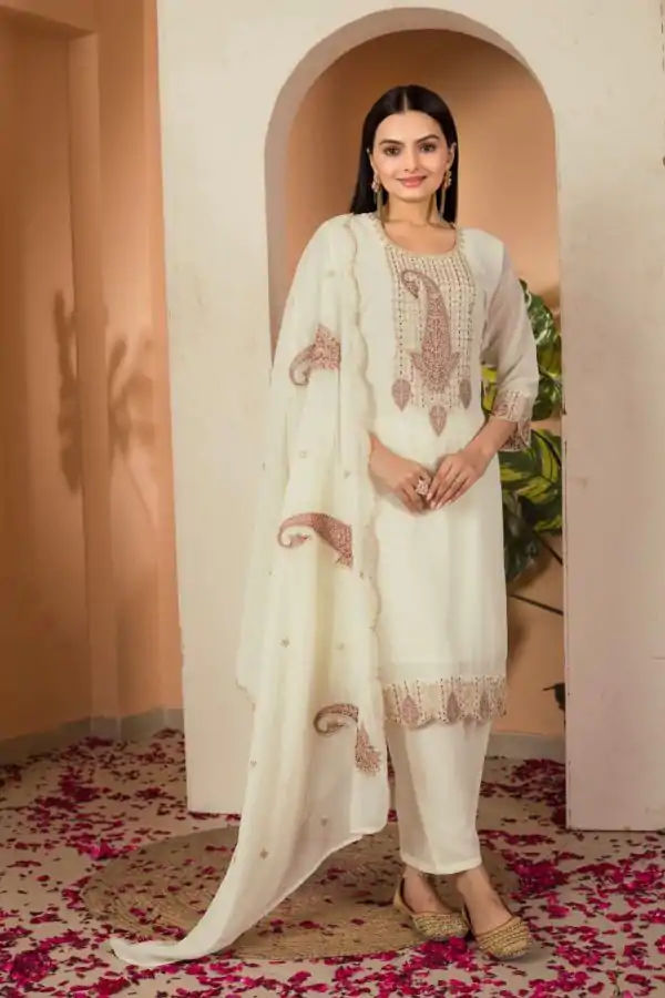 lovey Cream Color Fox georgette Embroidery Thread Sequence Salwar Suit