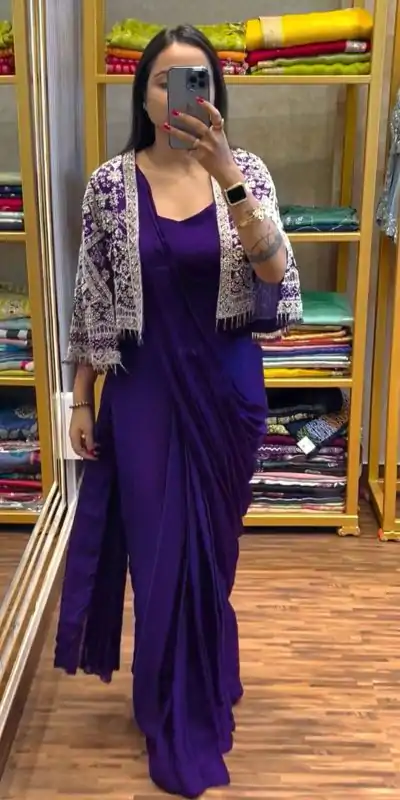 ST 1086 Purple Color Chinnon With Fully Embroidery Koti Ready To Wear Saree Wedding Party, Festive, Events Etc.4-6 Working Days@2049/- only | Bollywood Gowns, Creative Gowns, Designer Gowns, Embroidered Gowns, Gowns, Party Wear Gowns, Straight Suits
