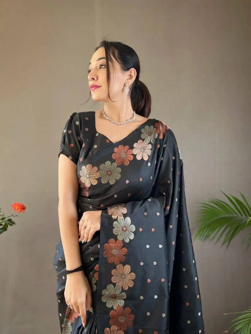Aglow Black Color Soft Litchi Silk Kubera Pattu Saree - Image 3