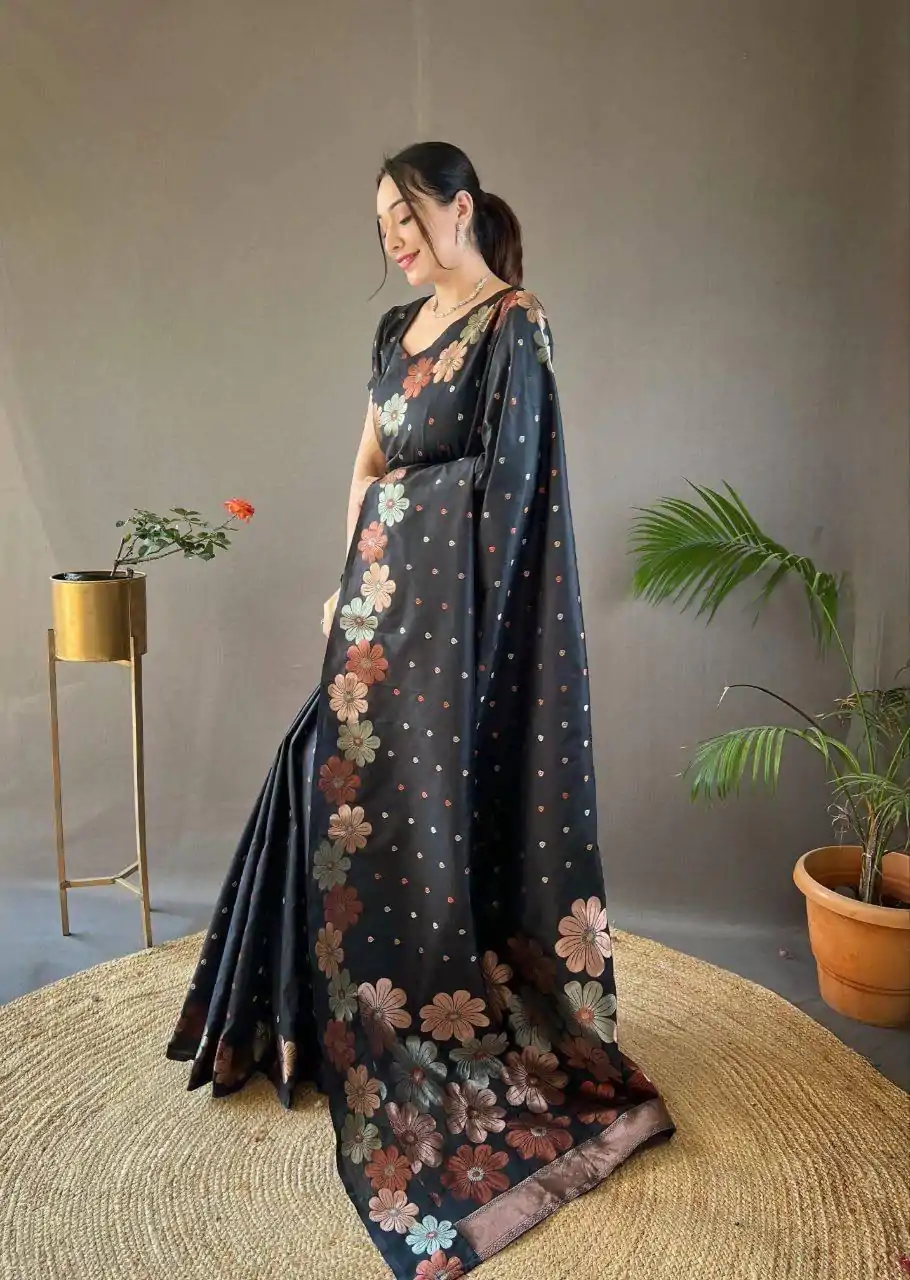 Aglow Black Color Soft Litchi Silk Kubera Pattu Saree - Image 4