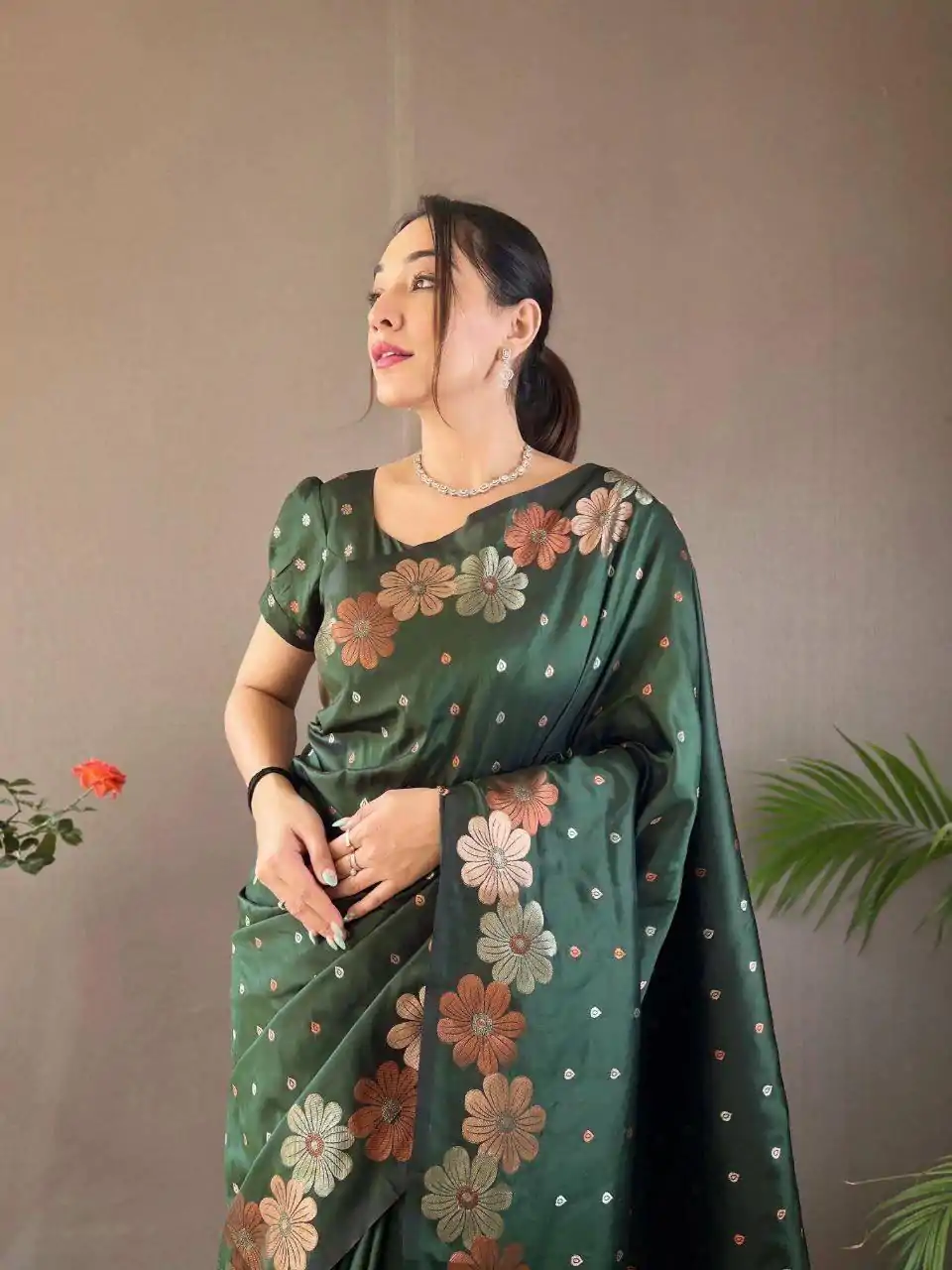 Aglow Green Color Soft Litchi Silk Kubera Pattu Saree - Image 2