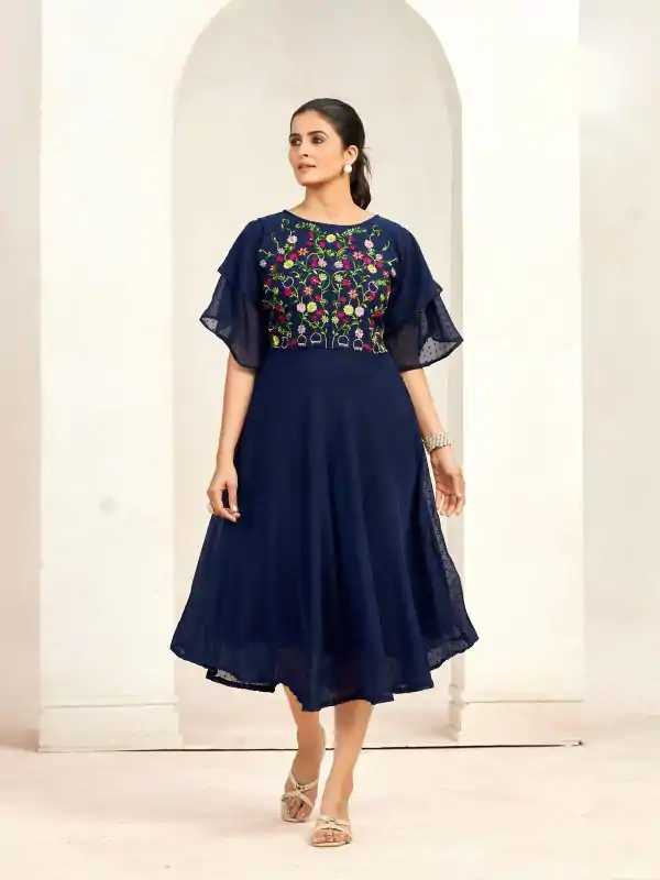 Aglow Navy Blue Color Georgette Butti Embroidery Thread Work Gown