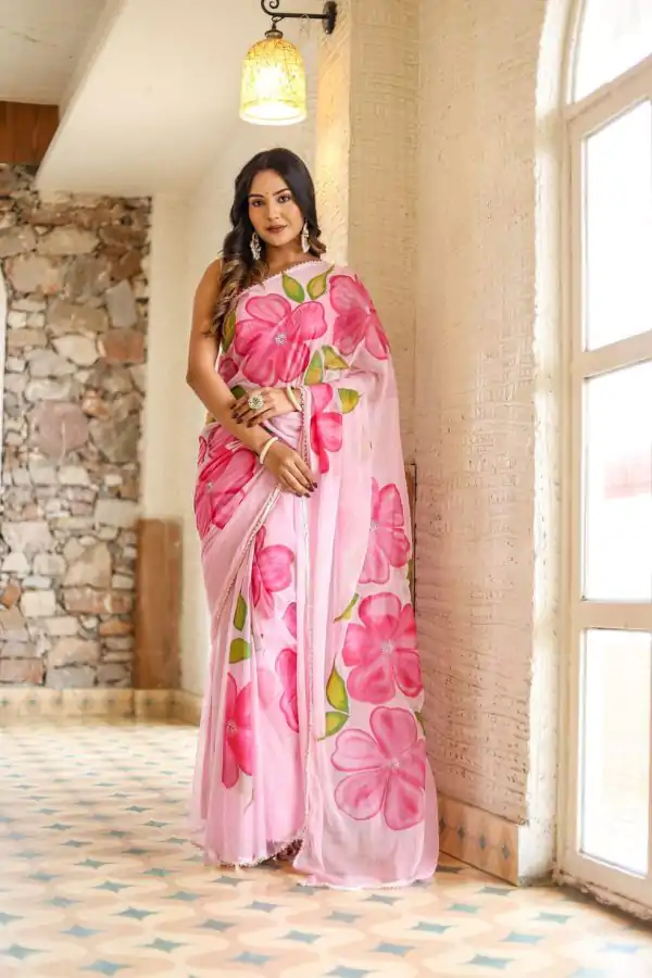 Aglow Pink Color Pure Soft Georgette Silk All Over Saree