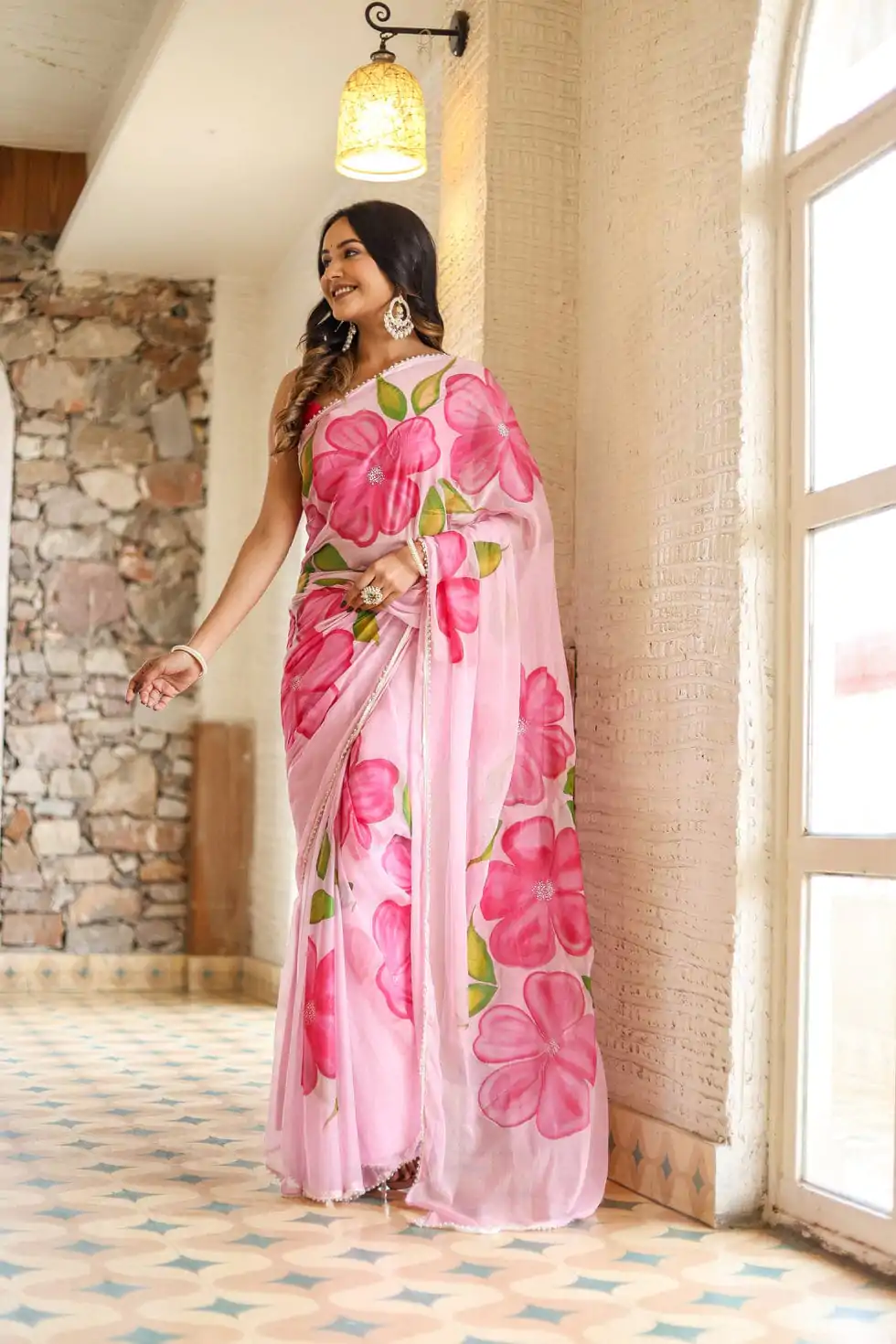 Aglow Pink Color Pure Soft Georgette Silk All Over Saree - Image 3