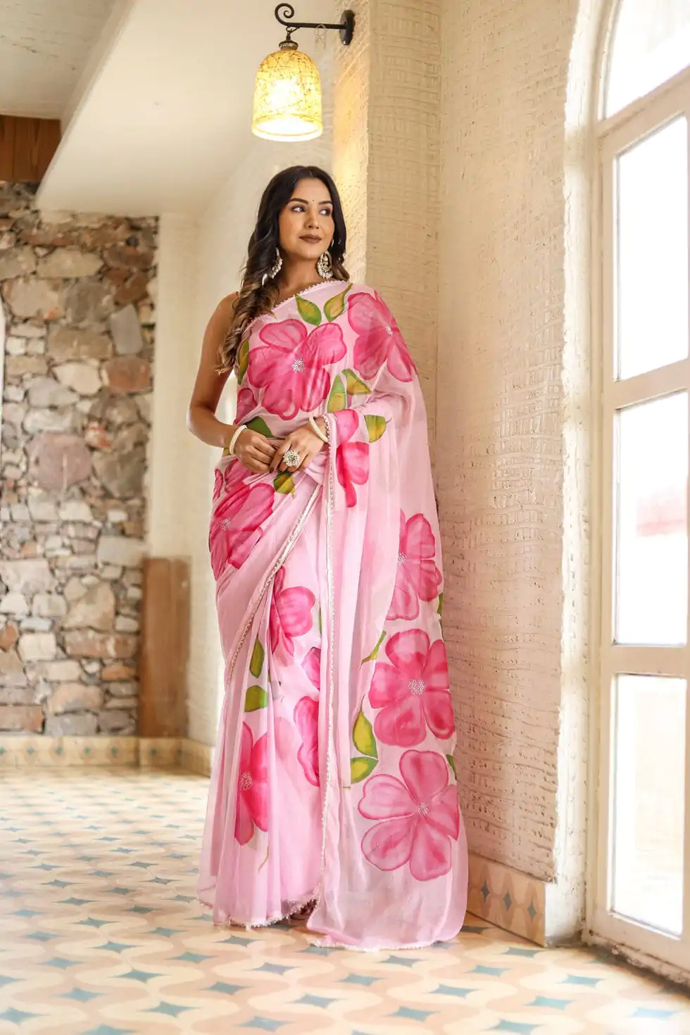 Aglow Pink Color Pure Soft Georgette Silk All Over Saree - Image 6