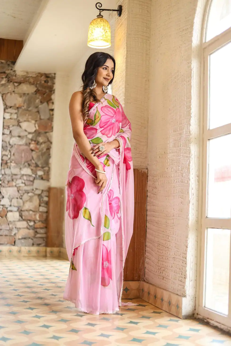 Aglow Pink Color Pure Soft Georgette Silk All Over Saree - Image 8