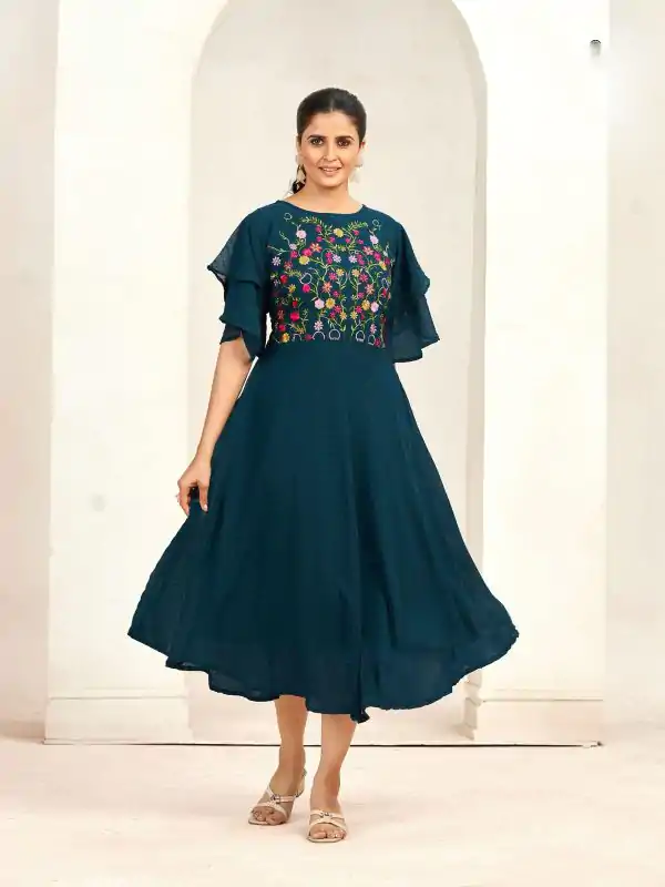 Aglow Rama Blue Color Georgette Butti Embroidery Thread Work Gown