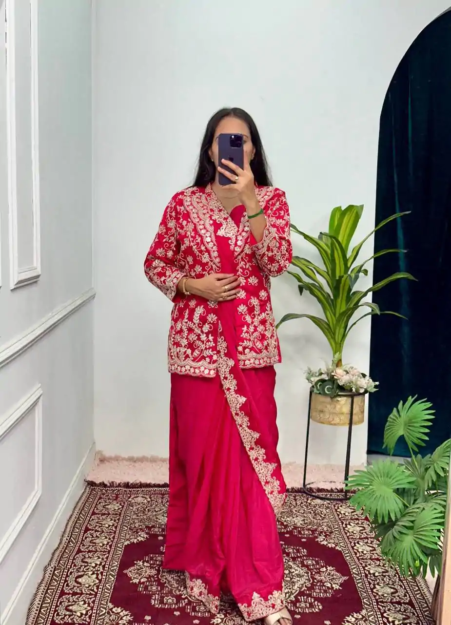Aglow Red Color Chinon Work On Koti With Lace Border Saree - Image 4