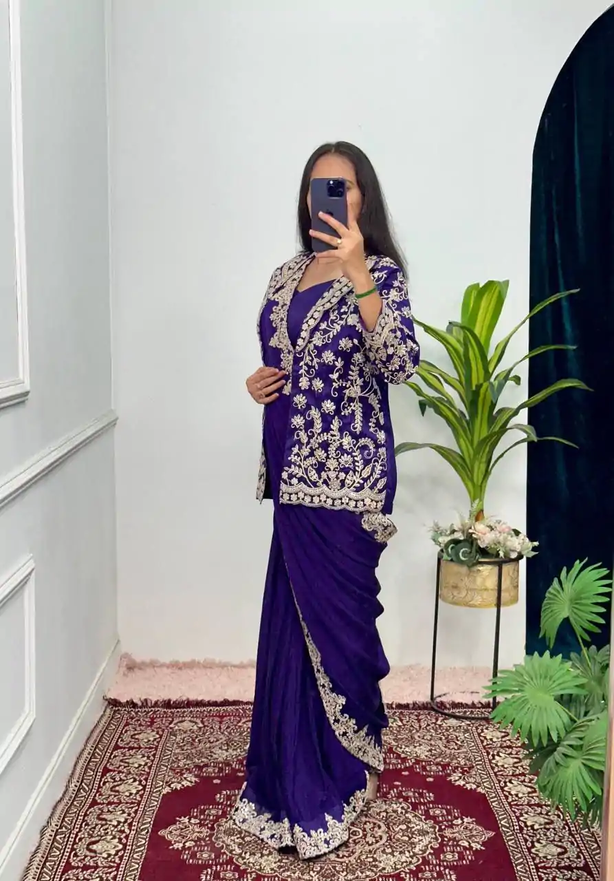 Aglow Royal blue Color Chinon Work On Koti With Lace Border Saree - Image 2