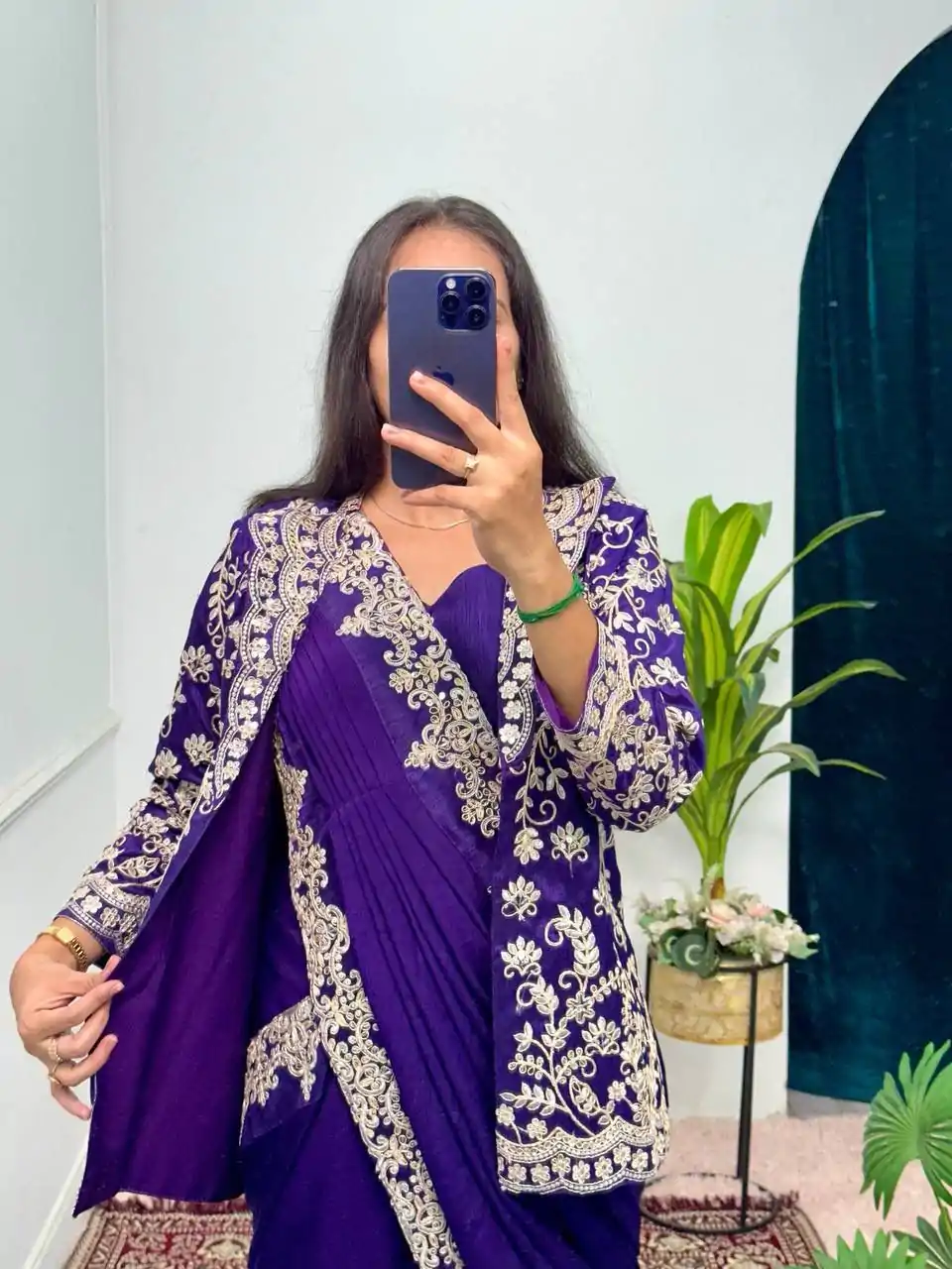 Aglow Royal blue Color Chinon Work On Koti With Lace Border Saree - Image 3