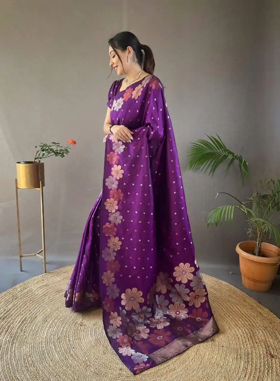 Aglow Violet Color Soft Litchi Silk Kubera Pattu Saree - Image 3