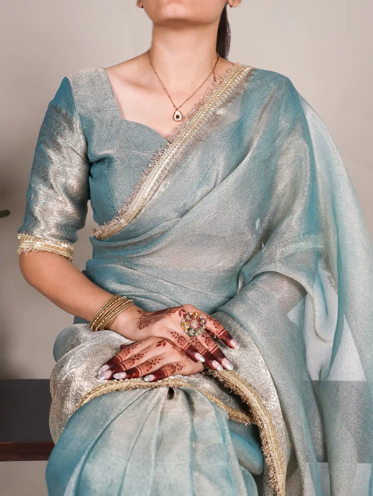 Attractive Blue Color Tissue Shimmer Zari Weaving Work Saree - Image 2