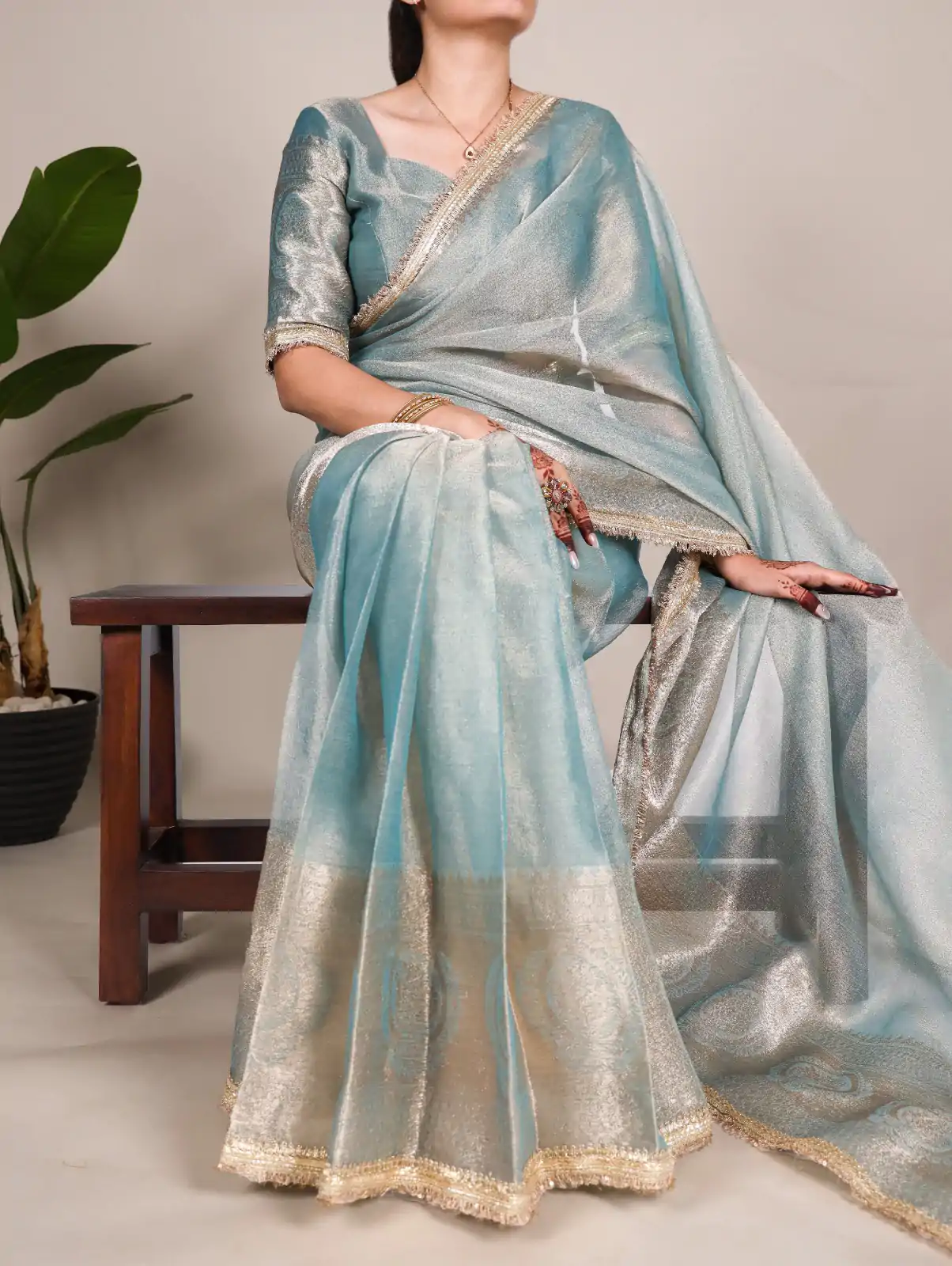 Attractive Blue Color Tissue Shimmer Zari Weaving Work Saree