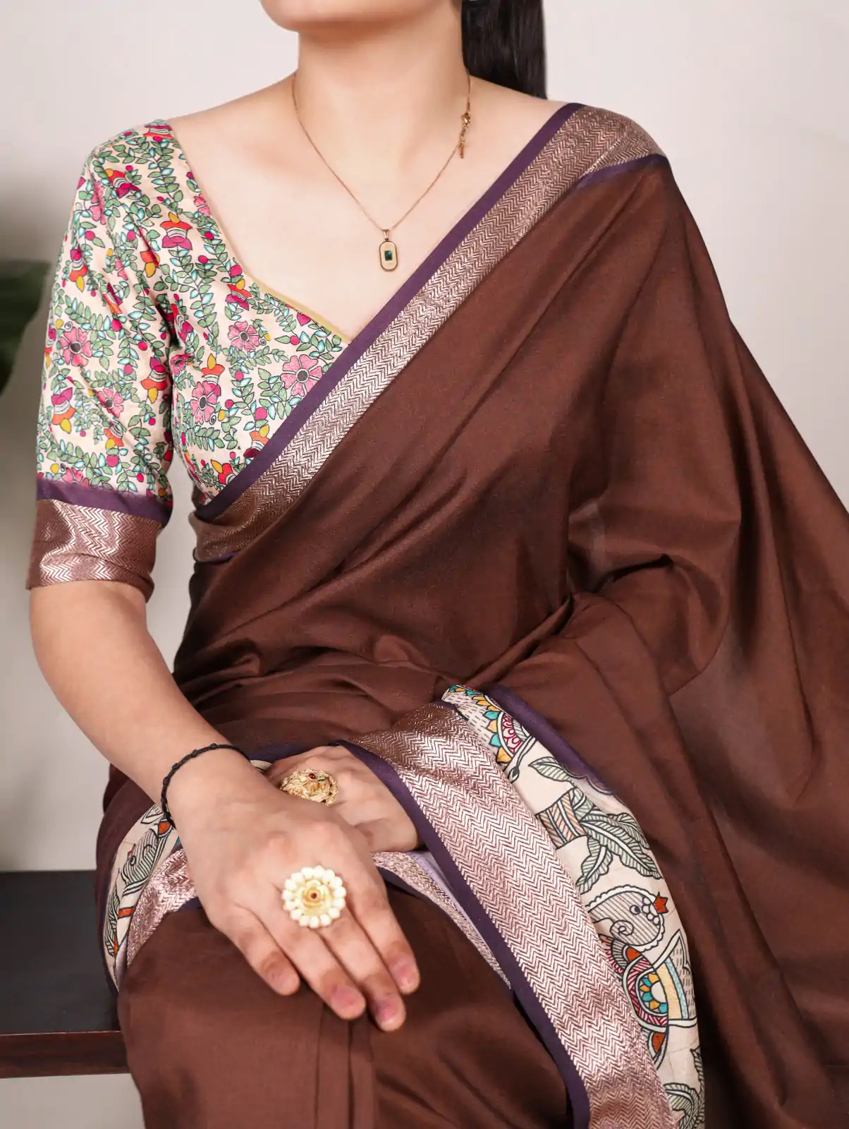Attractive Coffee Color Tussar Silk With Viscose Border Printed Saree - Image 2