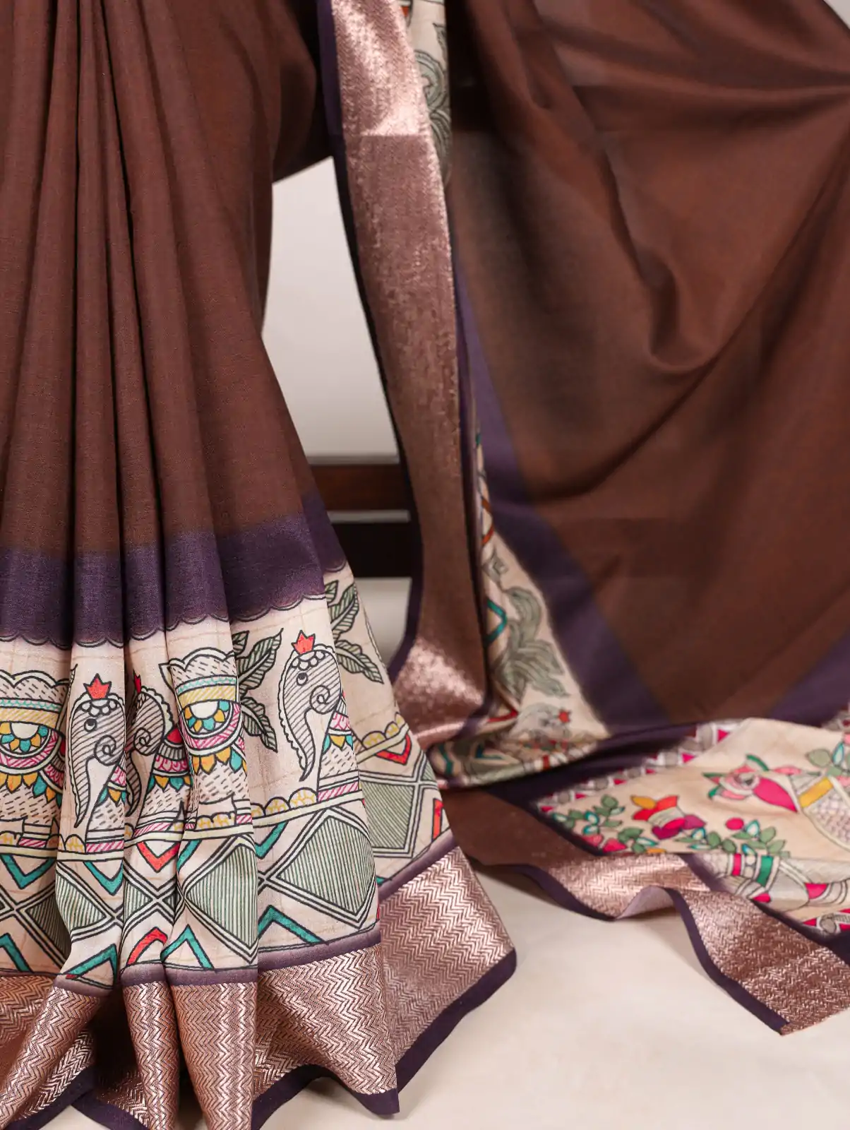 Attractive Coffee Color Tussar Silk With Viscose Border Printed Saree - Image 3