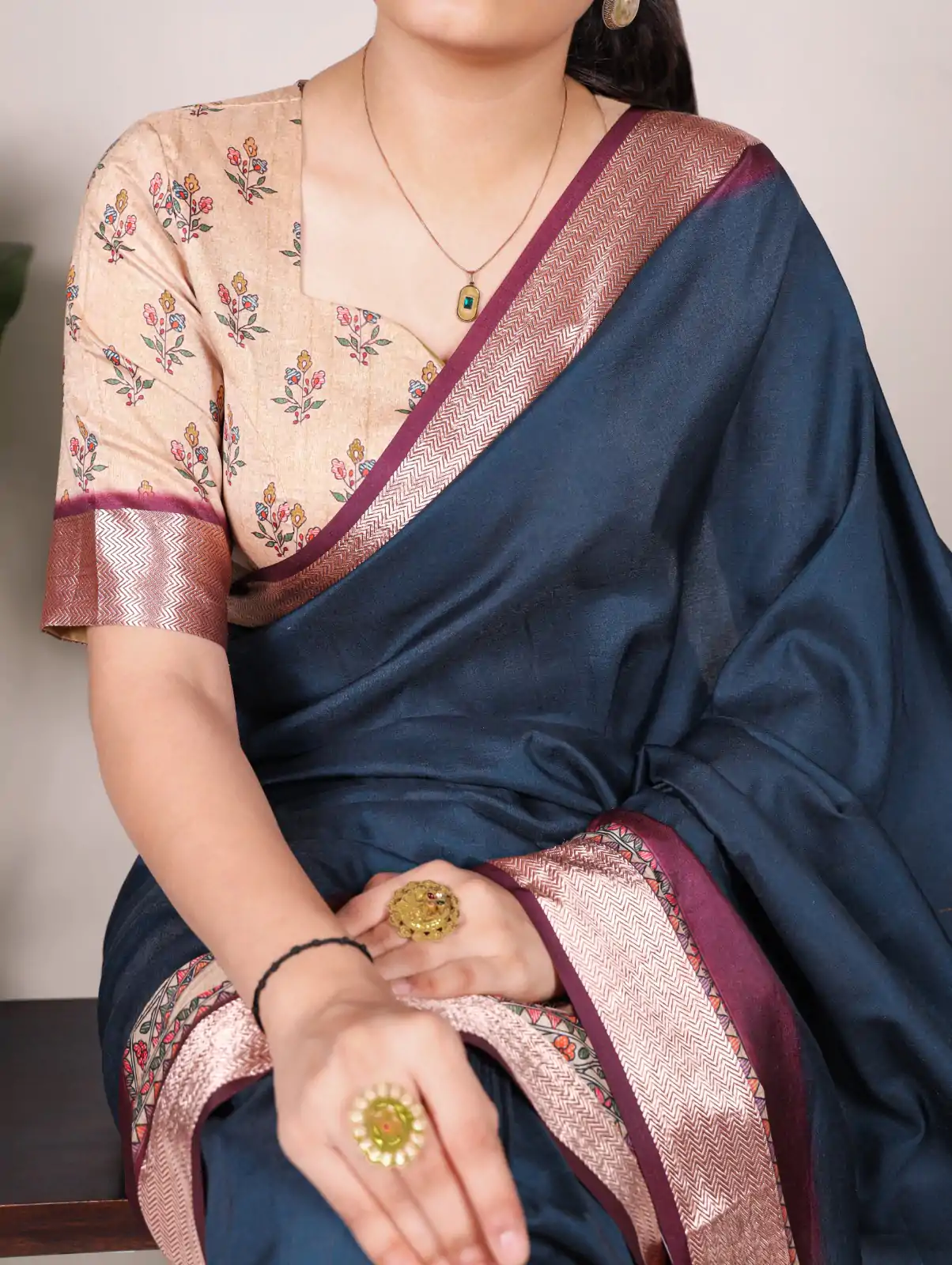 Attractive Navy Blue Color Tussar Silk With Viscose Border Printed Saree - Image 2