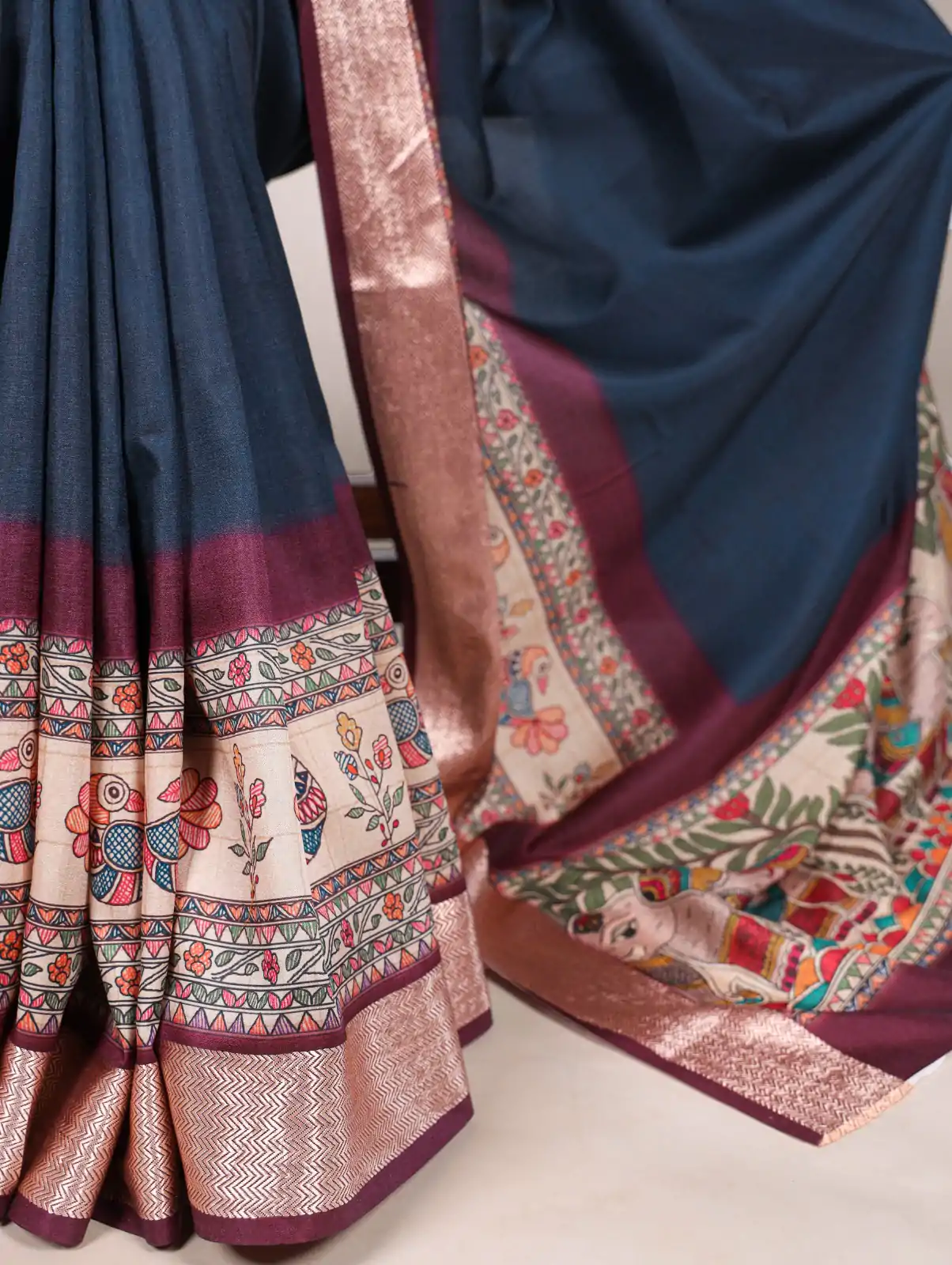 Attractive Navy Blue Color Tussar Silk With Viscose Border Printed Saree - Image 3