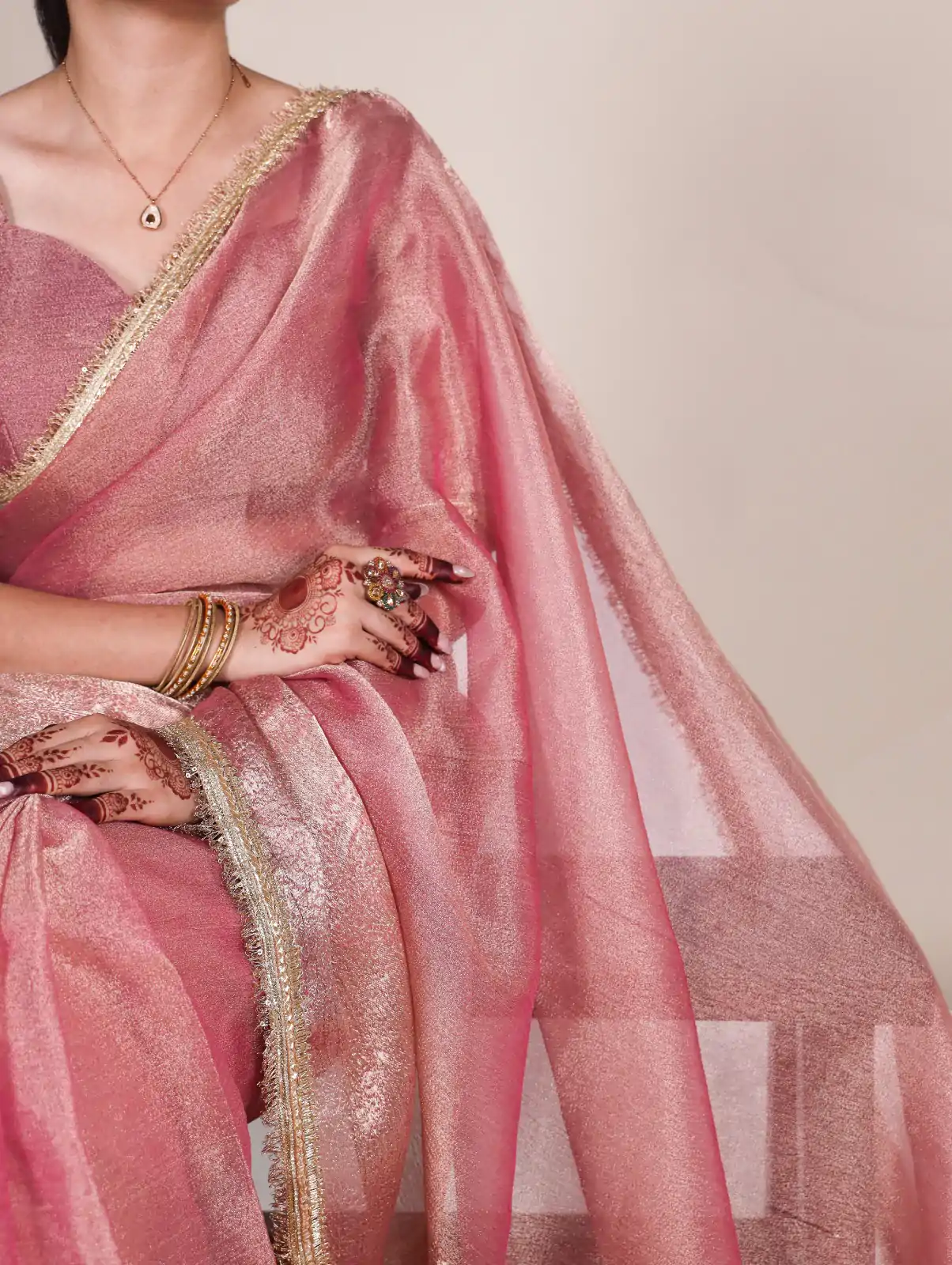 Attractive Pink Color Tissue Shimmer Zari Weaving Work Saree - Image 2