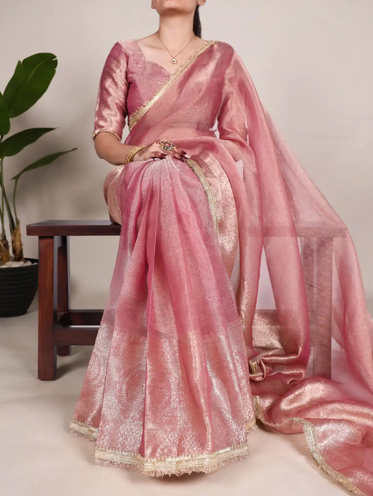 Attractive Pink Color Tissue Shimmer Zari Weaving Work Saree - Image 3