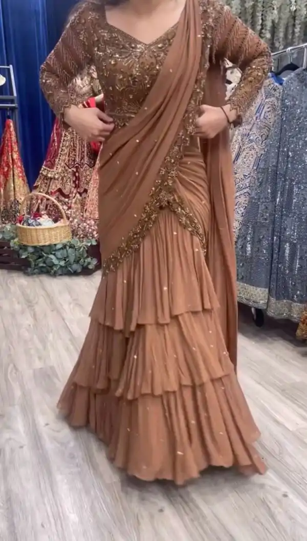 Awesome Light Brown Color Georgette Thread With Sequence Lehenga Choli