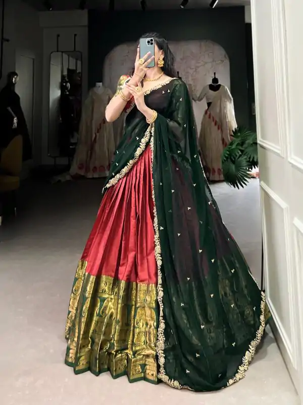 Awesome Red Color Narayan Pattu Zari Weaving Work Lehenga Choli