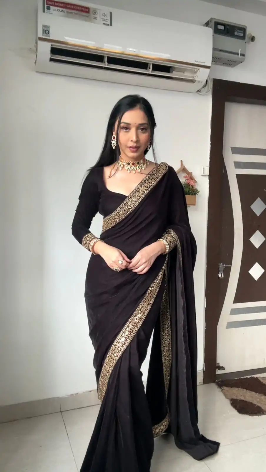 Beautiful Black Color Pure 9000 Velvet With Embroidery Lace Border Saree