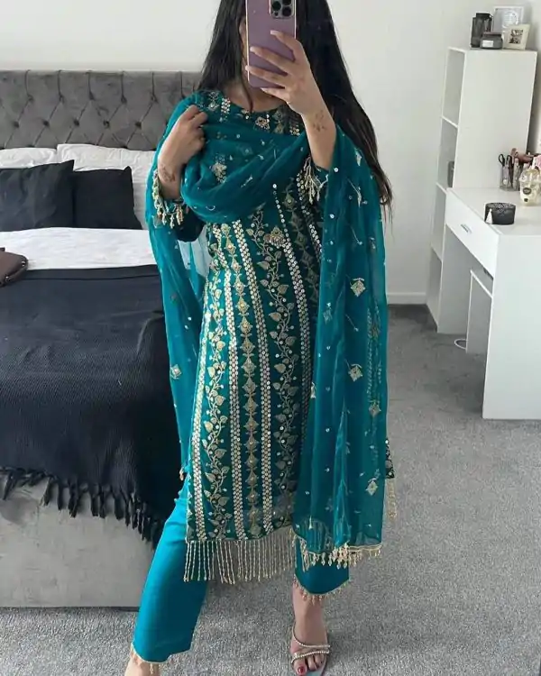 Beautiful Blue Color Chinon Silk With Embroidery Work Salwar Suit