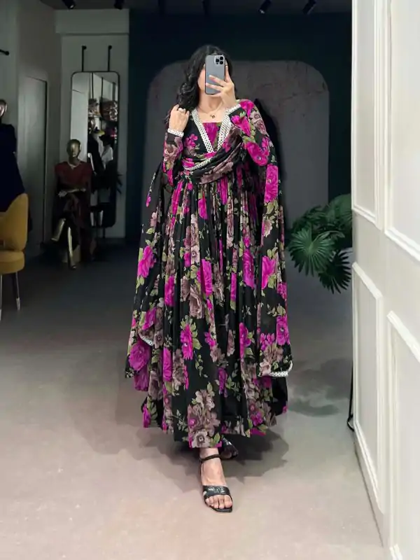Beautiful Pink Color Georgette Floral Printed Paper Mirror Lace Gown