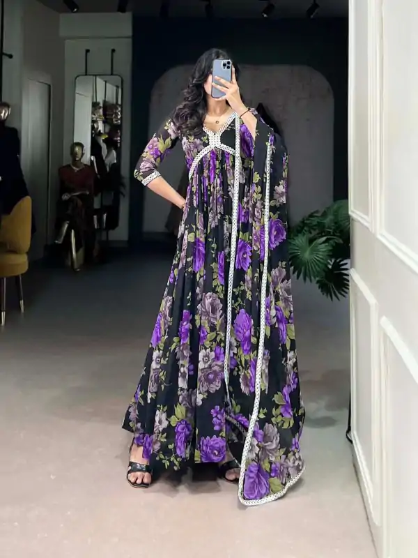 Beautiful Purple Color Georgette Floral Printed Paper Mirror Lace Gown
