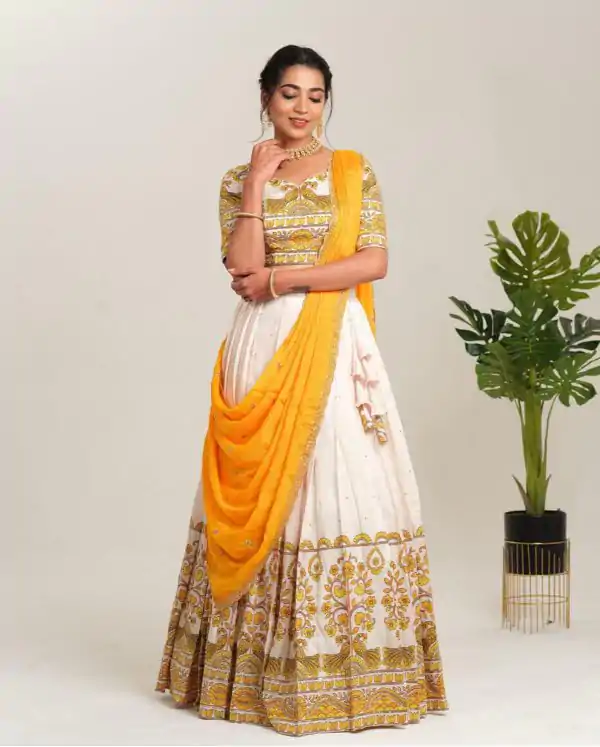 Beautiful Yellow Color Cotton Kalamkari Print Lehenga Choli