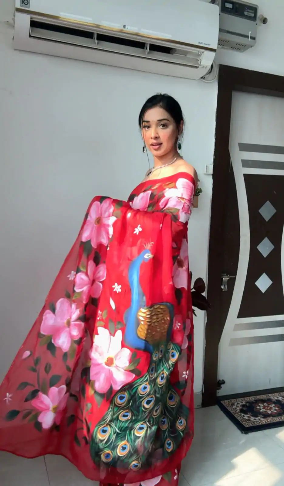 Brid Red Color Soft Organza Silk Ready To Wear Saree - Image 3